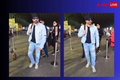 Sunny Deol was spotted in stylish style at the airport wearing a black cap with blue denim jacket and jeans, 'Gadar 2' actor won the hearts of fans with his smile.