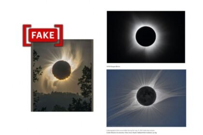 Left: The viral image of the total solar eclipse and the sun's corona.  Right: Photos credited to NASA of the 2024 total solar eclipse (top).  The detailed image of the sun's corona (bottom) is from the 2017 total solar eclipse.  (Source: X/NASA/Composite by Logical Facts)